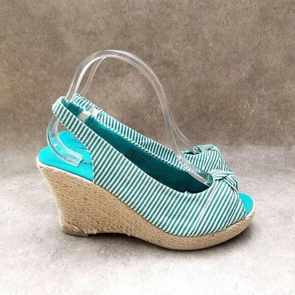 Dots Womens Joon 2  Sz 9 M Green Stripes Peep Toe Slingback 3.5" Heels Wedge - Picture 5 of 10